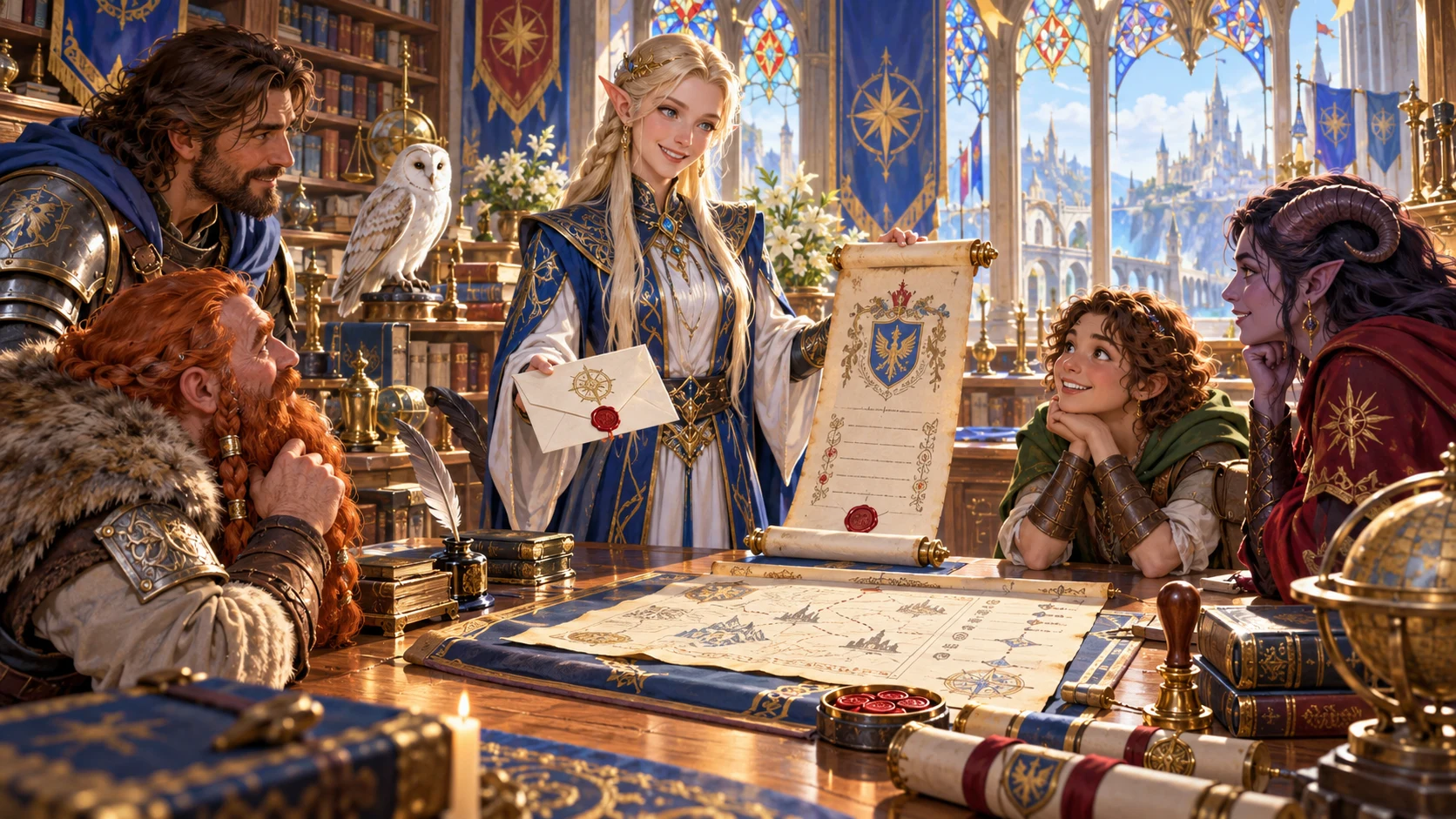 Fantasy illustration of a royal scriptorium sharing a sealed letter and decree with adventurers