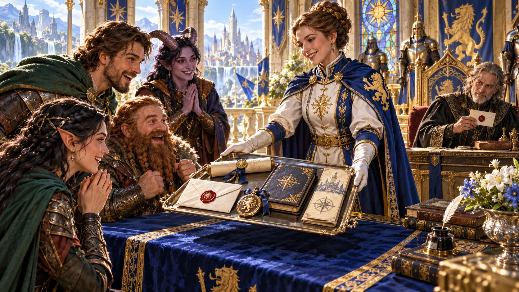 Fantasy illustration of a document packet with a sealed letter, folio and illustrated record