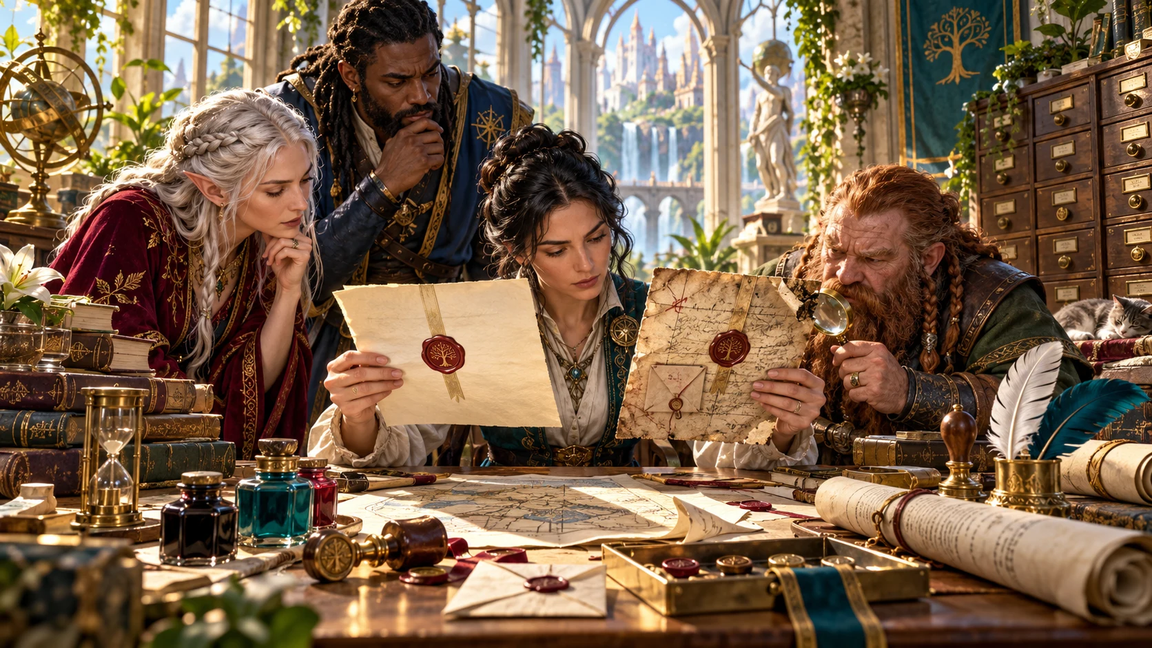 Fantasy illustration of adventurers examining a sealed letter and weathered papers for clues